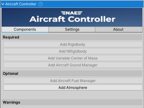 AircraftController inspector.