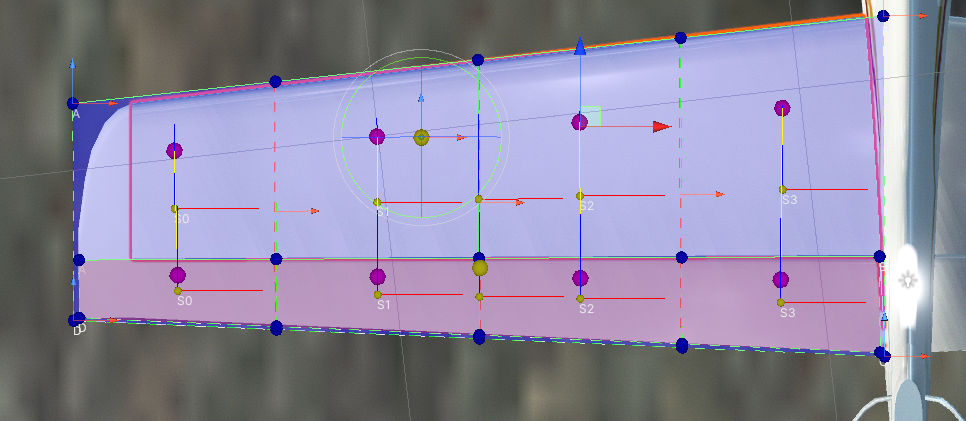 Control surface ''Airfoil'' (red) attached to a flight surface ''Airfoil'' (blue). This is the recommended configuration for control surfaces in NWH Aerodynamics.