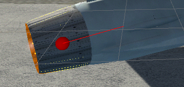 Propulsor thrust point (red sphere) and thrust direction (red line).