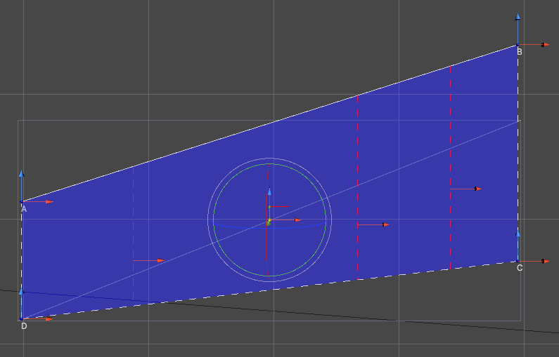 Same 'Airfoil' from the previous image, but with slicing planes added. These are usually positioned uniformly along the width of the 'Airfoil', or to match the edges of the 'ControlSurface's such as airfoils and elevators.