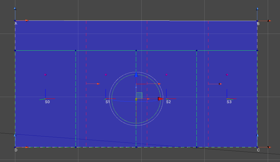 Airfoil with gizmos displayed. The airfoil A, B, C, and D corners were re-positioned without pressing Slice button so the gizmos are still displaying the outdated 'AirfoilSection's (green).