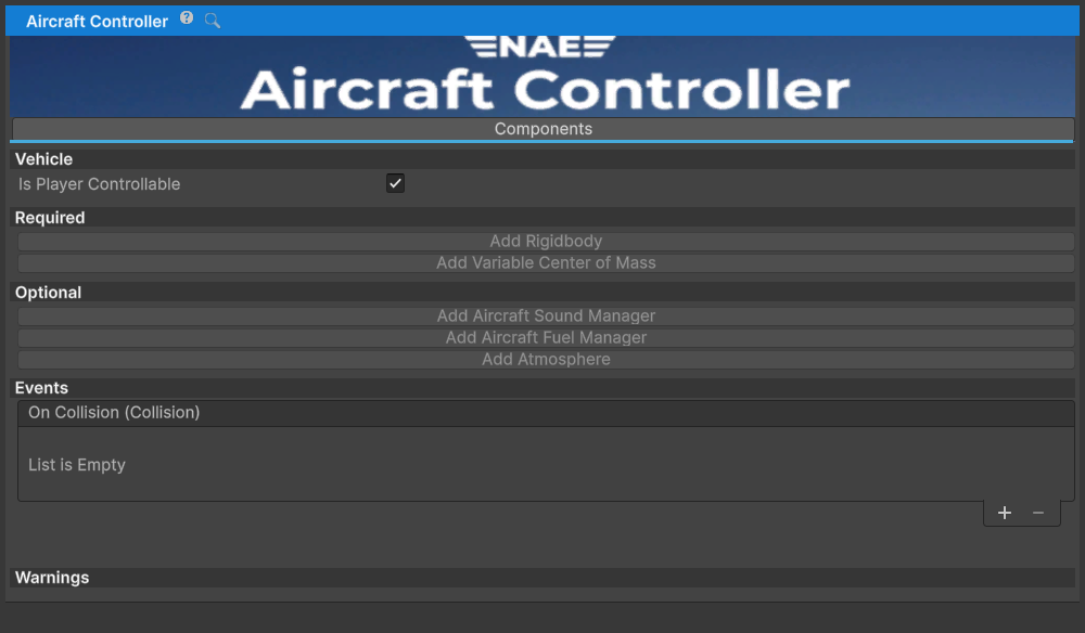 AircraftController inspector.