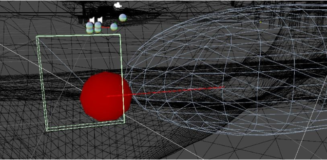 An example engine setup with thrust point shown as red sphere and thrust direction as a red line.