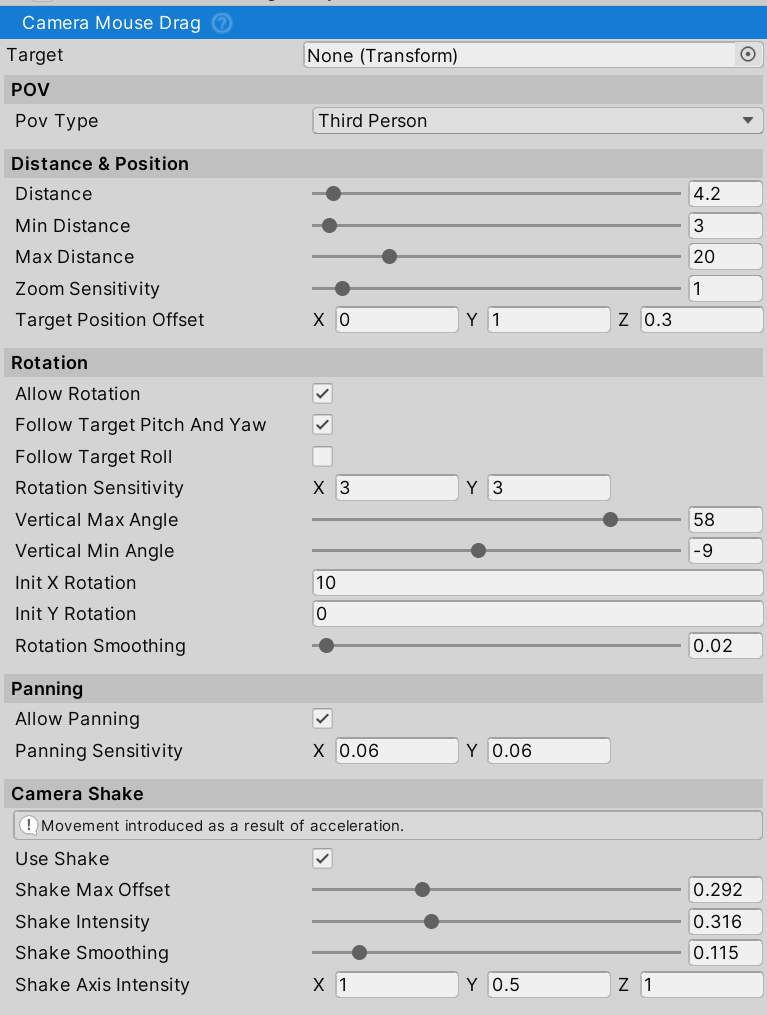 CameraMouseDrag inspector.