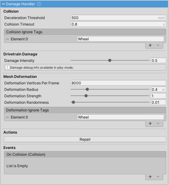DamageHandler inspector.