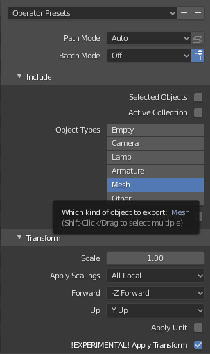 Blender FBX export settings for Unity.