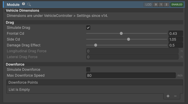 AerodynamicsModule inspector.