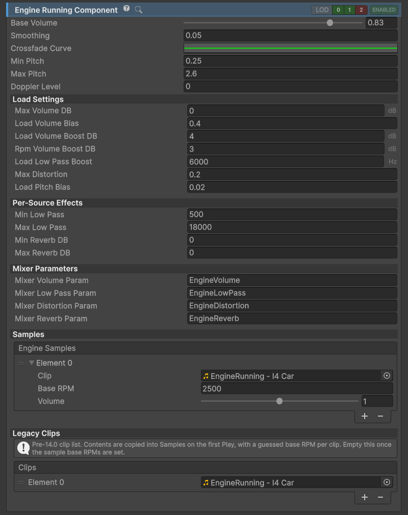 EngineRunningComponent inspector.