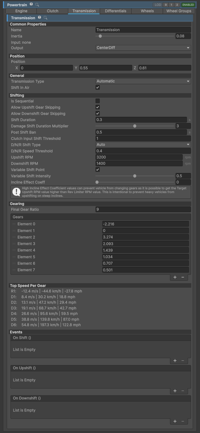 Powertrain menu for filtering between component types.