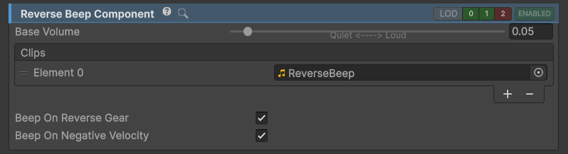 ReverseBeepComponent inspector.