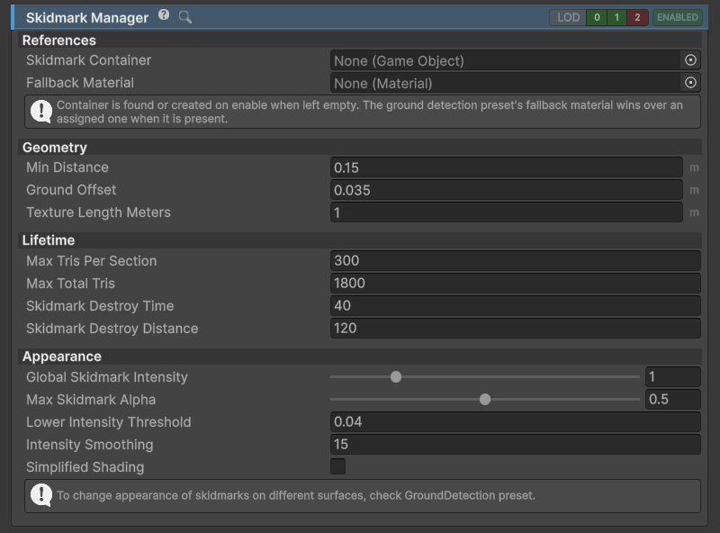 SkidmarkManager inspector.