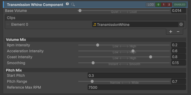 TransmissionWhineComponent inspector.