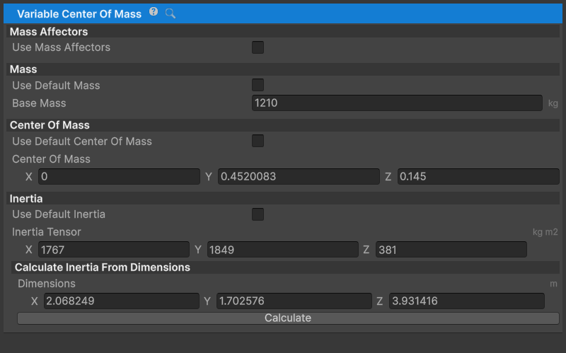 VariableCenterOfMass inspector.