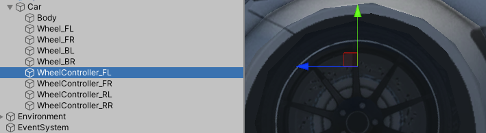 Vehicle hierarchy with WheelControllers and positioning of front left WheelController on the example vehicle
