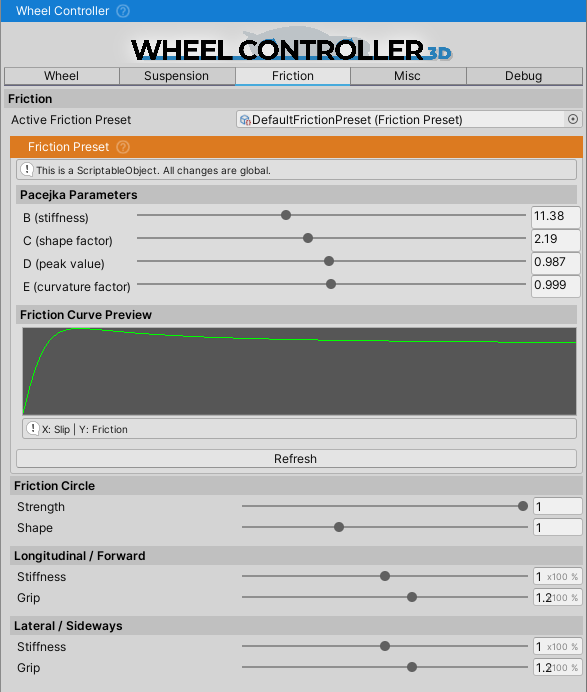 Friction settings tab