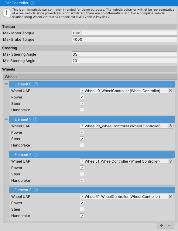 The included barebones car controller that can use both WheelController and WheelCollider (through WheelColliderUAPI). Note that this controller is intended for demoing the wheels, and is not trying to be a fully-fledged car controller.