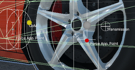 Center of Mass (yellow sphere) and Force Application Point (red sphere) on a vehicle. As long as the center of mass is above the force application point, the vehicle will lean towards the left corner, with the effect being larger the larger the distance is. Using center of mass that is below the force application point is not recommended because it will cause the vehicle to lean in the opposite direction of what is normally expected.