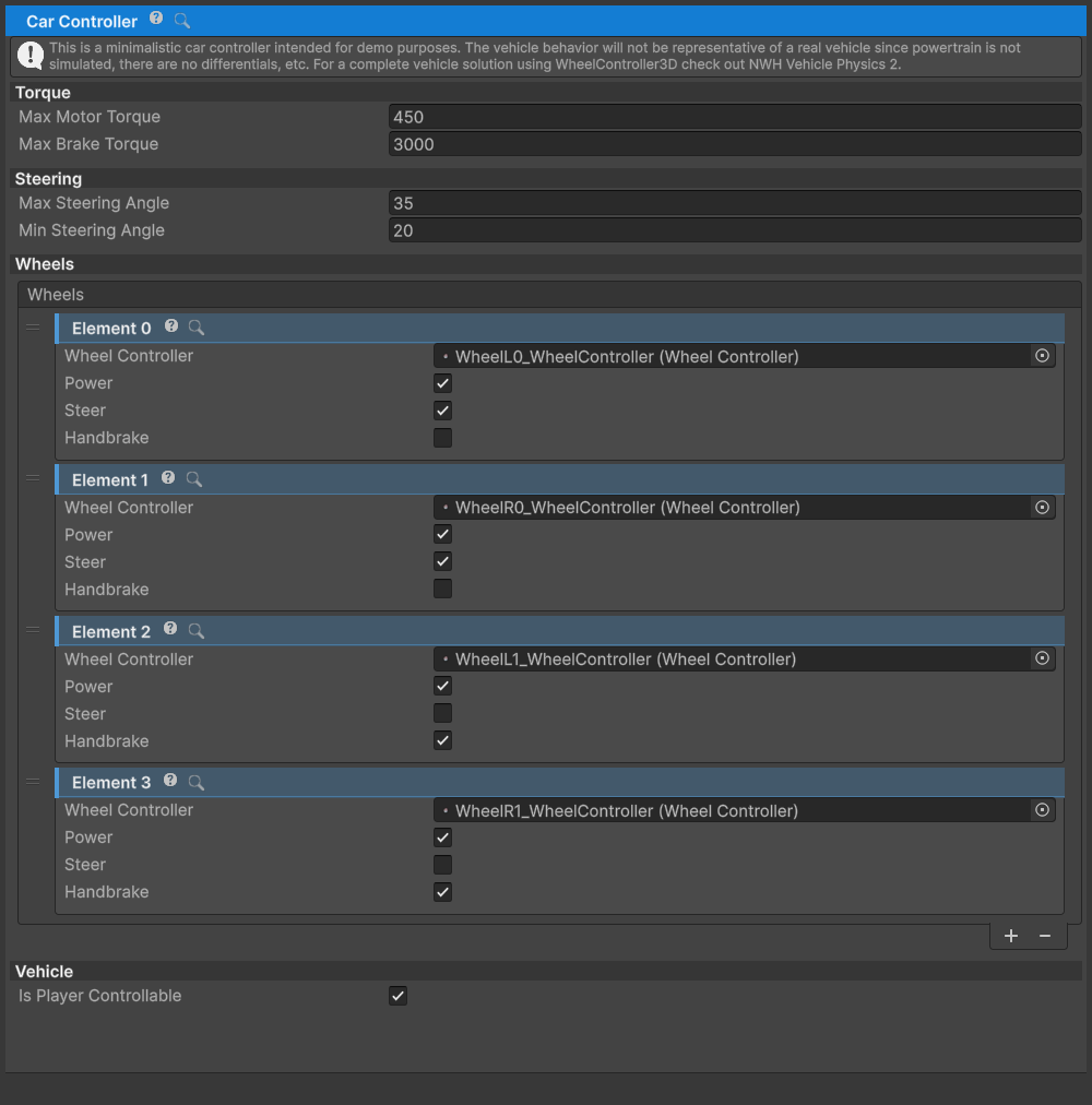 The included barebones CarController configured with WheelController entries.